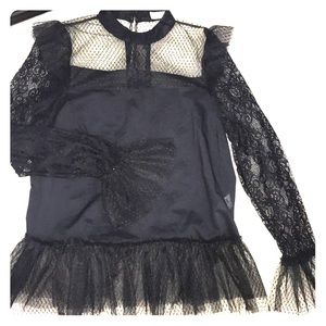 Black lace high neck bell sleeve lace blouse
